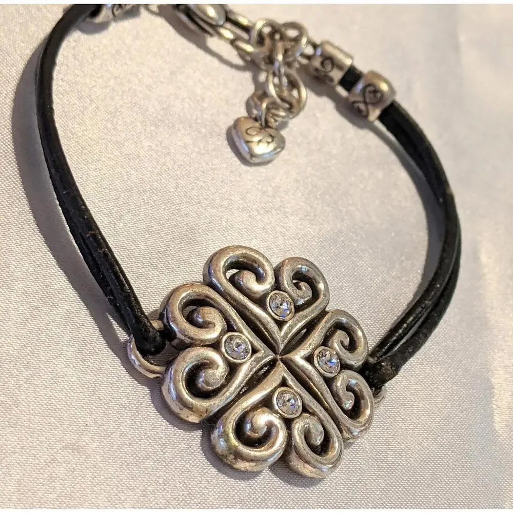 Brighton Alcazar Heart Bracelet Silver Plated Clear Crystals Black Leather 7-8